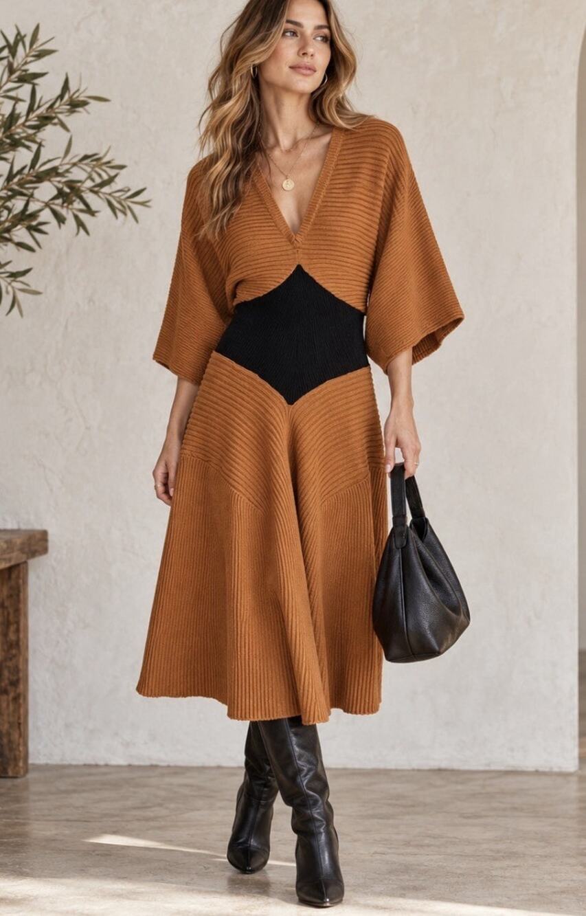 NWT By Anthropologie Colorblock Ribbed Sweater Dress M Brown Black $168